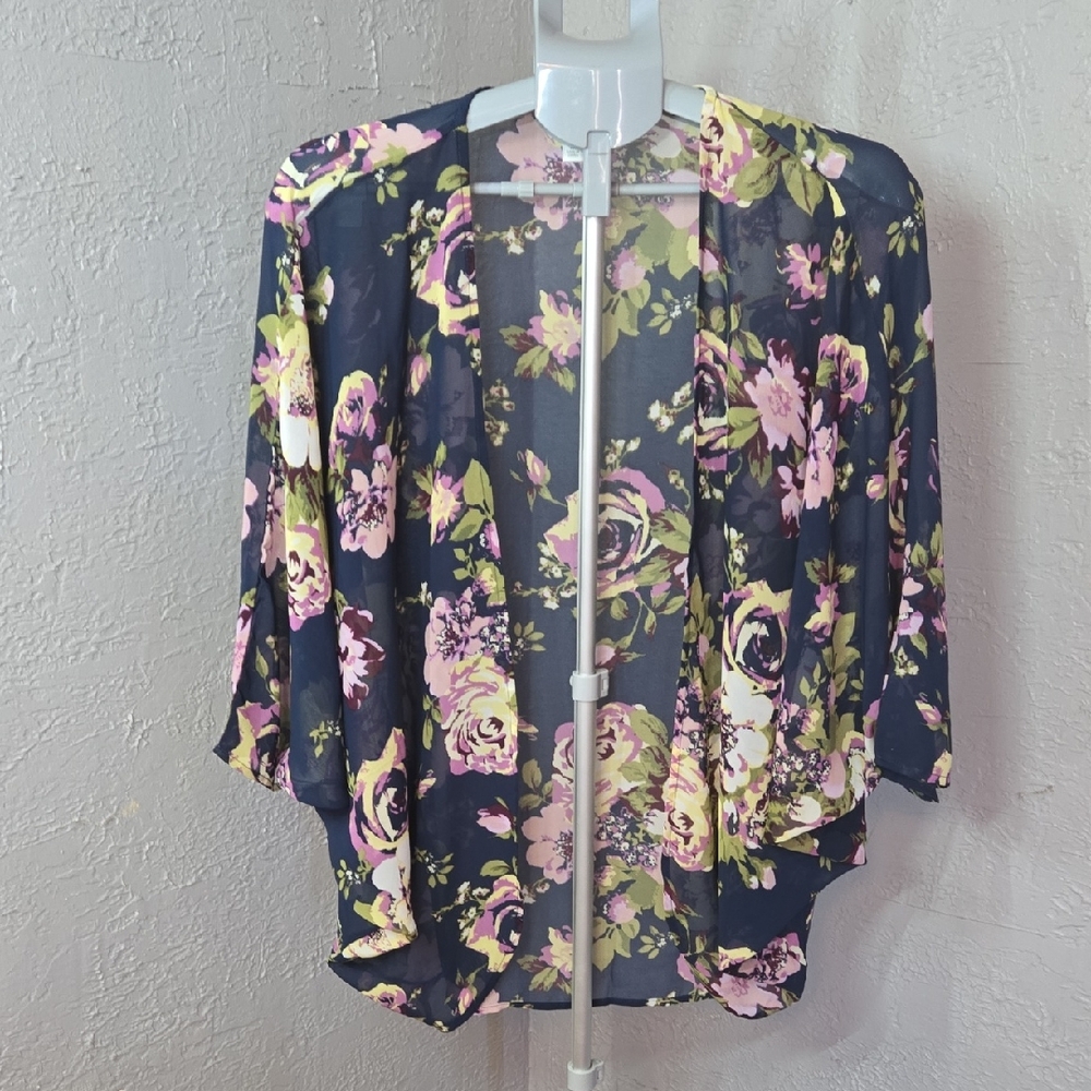 Charming Charlie Pink and Purple Sheer Floral Kimono